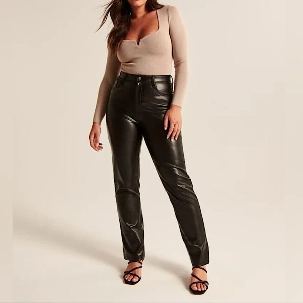 ABERCROMBIE Black Faux Leather Pants Size 16 90s Straight High-Rise Streetwear